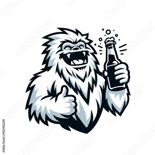 A cheerful yeti giving a thumbs up while holding a beer bottle, perfect for bar logos, party branding, or fun winter-themed illustrations. Isolated vector illustration in black and white.