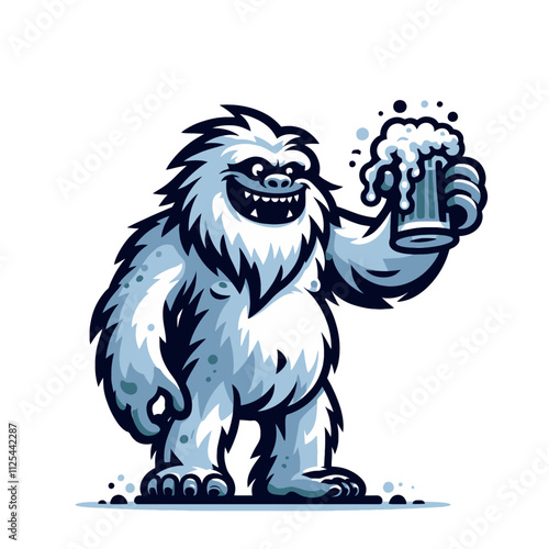 A cheerful yeti holding a frothy beer mug with a mischievous grin, perfect for fun party designs, bar logos, or winter-themed branding. Isolated vector illustration