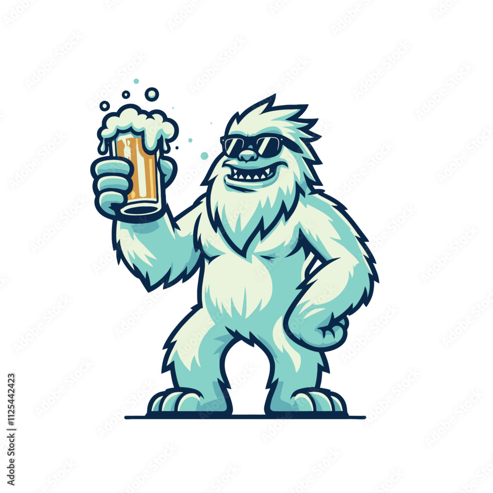 A cheerful yeti in black sunglasses holding a frothy beer mug, perfect for bar branding, winter party designs, or festive illustrations. Isolated vector illustration on a white background. A cheerful yeti in black sunglasses holding a frothy beer mug, perfect for bar branding, winter party designs, or festive illustrations. Isolated vector illustration on a white background.