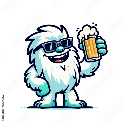 A cheerful cartoon yeti wearing sunglasses and holding a frothy beer mug, ideal for fun winter designs, bar logos, or festive branding. Isolated vector illustration on a white background.