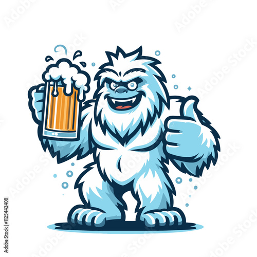 A cheerful yeti giving a thumbs up while holding a frothy beer mug, perfect for fun party branding, bar logos, or winter-themed illustrations. Isolated vector illustration 