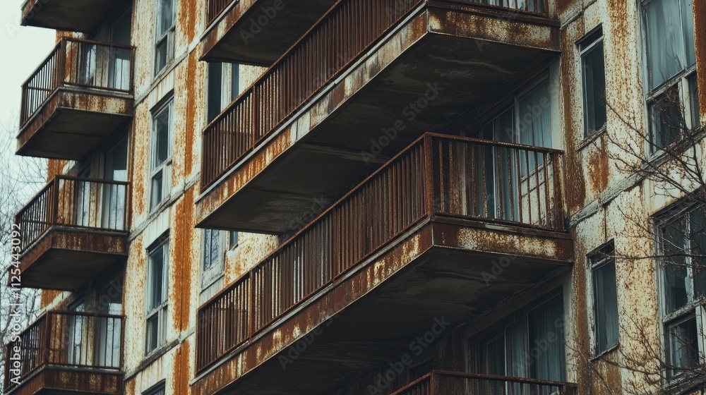 Fototapeta premium Abandoned Building with Rusty Balconies and Weathered Facade