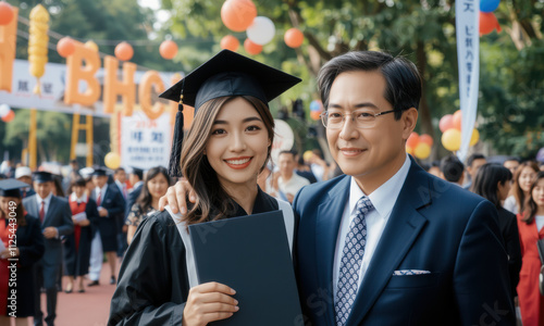 Graduation ceremony with family, proud graduate holding diploma, smiling father, festive atmosphere, celebration of achievement, outdoor event, joyful moment photo