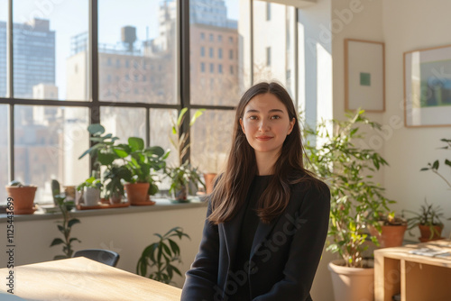 Young woman in eco-friendly office space, surrounded by sustainable products, natural light, minimalist aesthetic, symbolizing women in leadership and green innovation