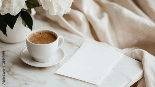 A warm cup of coffee sits on a marble table, featuring beautiful latte art. Next to it, a blank card rests on a brown paper base, with soft flowers in the background photo