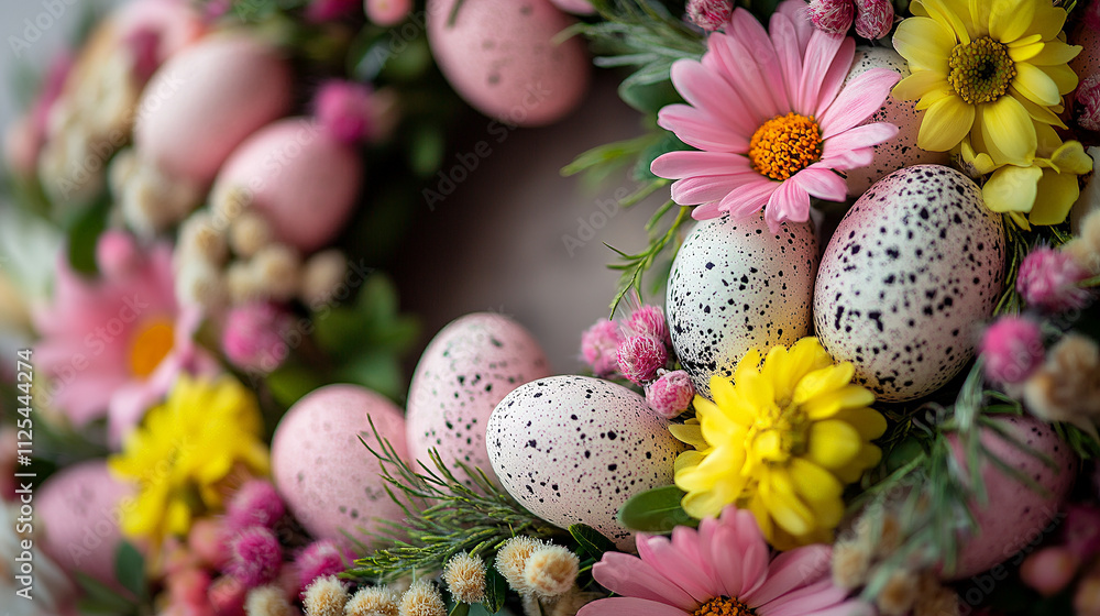 Obraz premium Vibrant Easter wreath displays delicate pastel eggs surrounded by lively flowers, perfect for celebrating springtime and adding charm to any decor