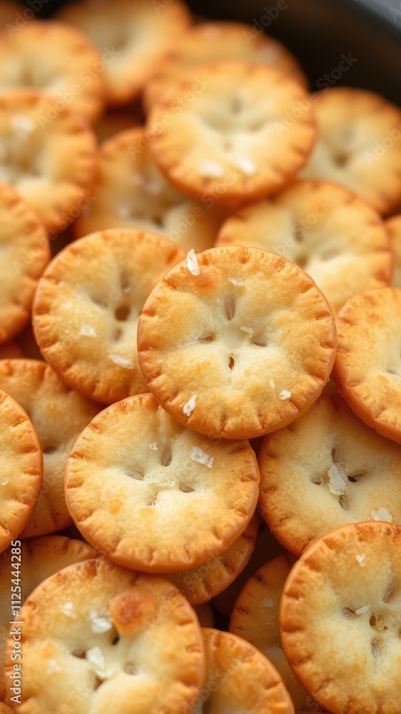 Round salted baked crackers with a crispy texture and golden-brown color, perfect for food backgrounds, round Round salted baked crackers with a crispy texture and golden-brown color, perfect for food backgrounds, round