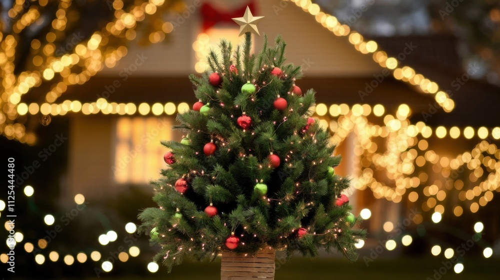 Christmas lights on a blurred background of the house. In the background there are golden festive garlands in the form of a bokeh. The Christmas tree is decorated with red and green balloons. Christmas lights on a blurred background of the house. In the background there are golden festive garlands in the form of a bokeh. The Christmas tree is decorated with red and green balloons.