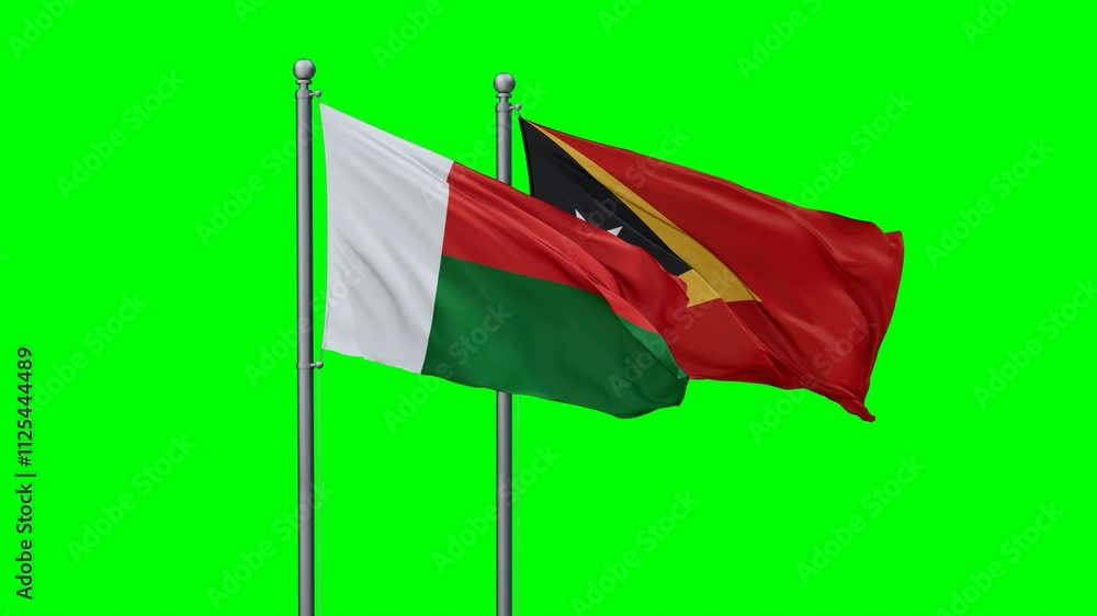 East Timor and Madagascar flags flying together, video concept of the relationship with colored chroma key for easy background remove, two country cooperation concept East Timor and Madagascar flags flying together, video concept of the relationship with colored chroma key for easy background remove, two country cooperation concept