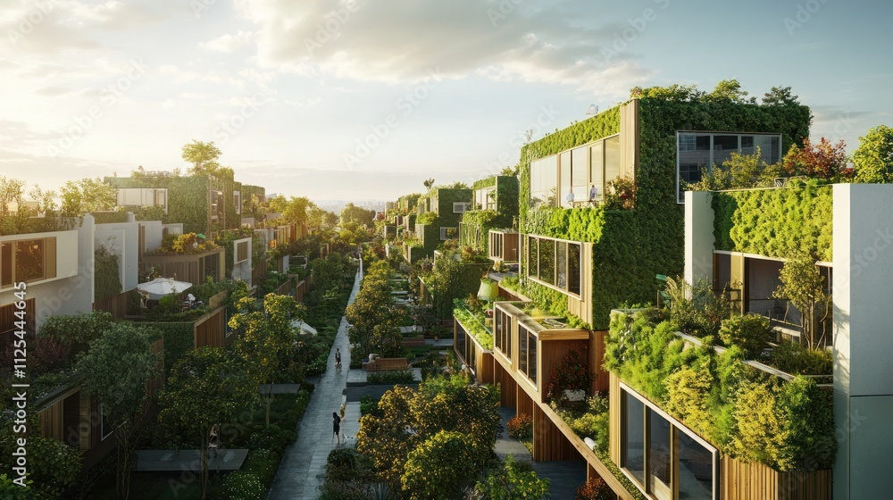 Eco-friendly apartment complex with green roofs and walls, sustainable urban living. Eco-friendly apartment complex with green roofs and walls, sustainable urban living.