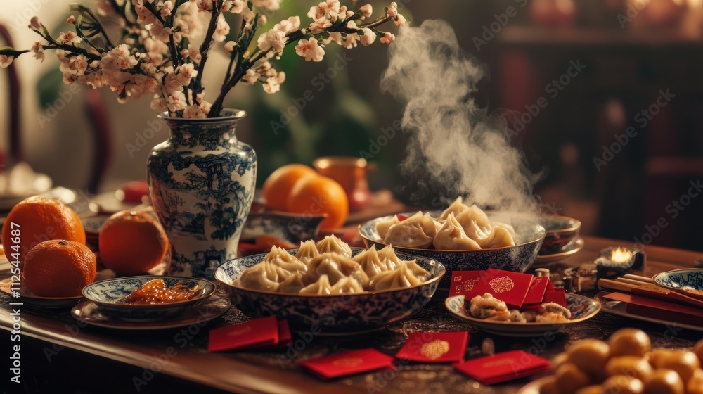 Steaming dumplings on a table with oranges, flowers, and red envelopes, suggesting a celebratory Chinese New Year meal. Steaming dumplings on a table with oranges, flowers, and red envelopes, suggesting a celebratory Chinese New Year meal.