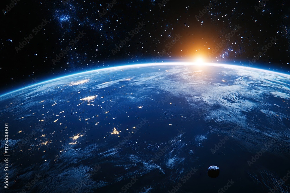 Fototapeta premium Blue Earth and asteroids in space. View of planet Earth from space