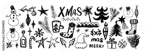 Geometric Christmas elements set with mosaic geometric shape, rabbit, Christmas tree, gifts, abstract Christmas and New Year decor, stars,    snowflakes. Vector illustration