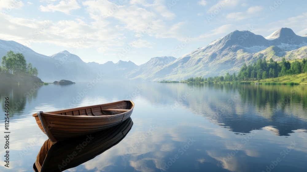 Serene wooden rowboat on a calm lake reflecting majestic mountains under a tranquil sky. Serene wooden rowboat on a calm lake reflecting majestic mountains under a tranquil sky.