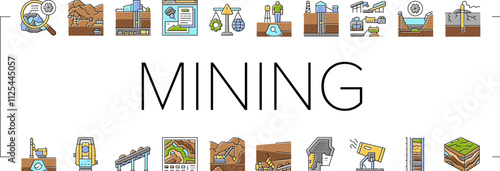 mining engineer geology icons set vector. minerals excavation, drilling blasting, surveying safety, equipment, operations mining engineer geology color line illustrations