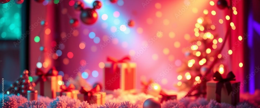 This enchanting image captures the magic of Christmas Eve with a blurred background of a decorated Christmas tree and a starry sky. The soft, warm light and sparkling ornaments, cozy and festive. This enchanting image captures the magic of Christmas Eve with a blurred background of a decorated Christmas tree and a starry sky. The soft, warm light and sparkling ornaments, cozy and festive.