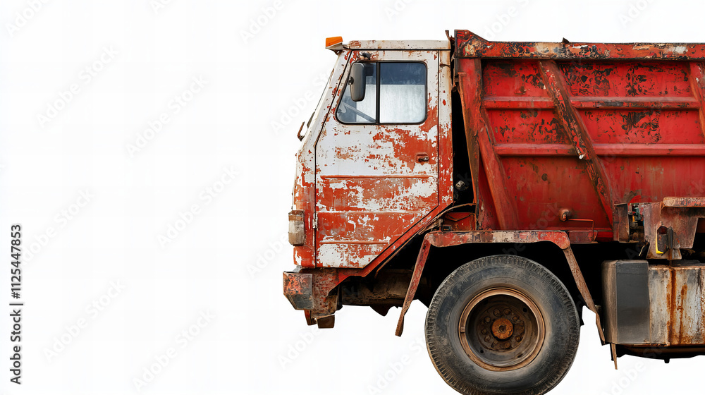 old, dirty dump truck isolated on white, png cutout