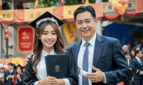 Graduation ceremony with family, proud graduate holding diploma, joyful celebration, academic achievement, supportive parent, festive atmosphere, outdoor event photo