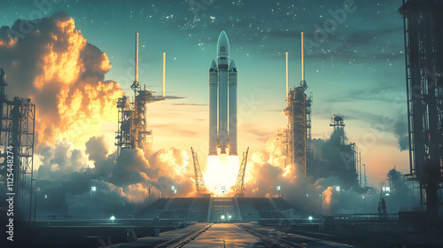 A futuristic heavy-lift rocket launching from a high-tech spaceport surrounded by advanced infrastructure.
