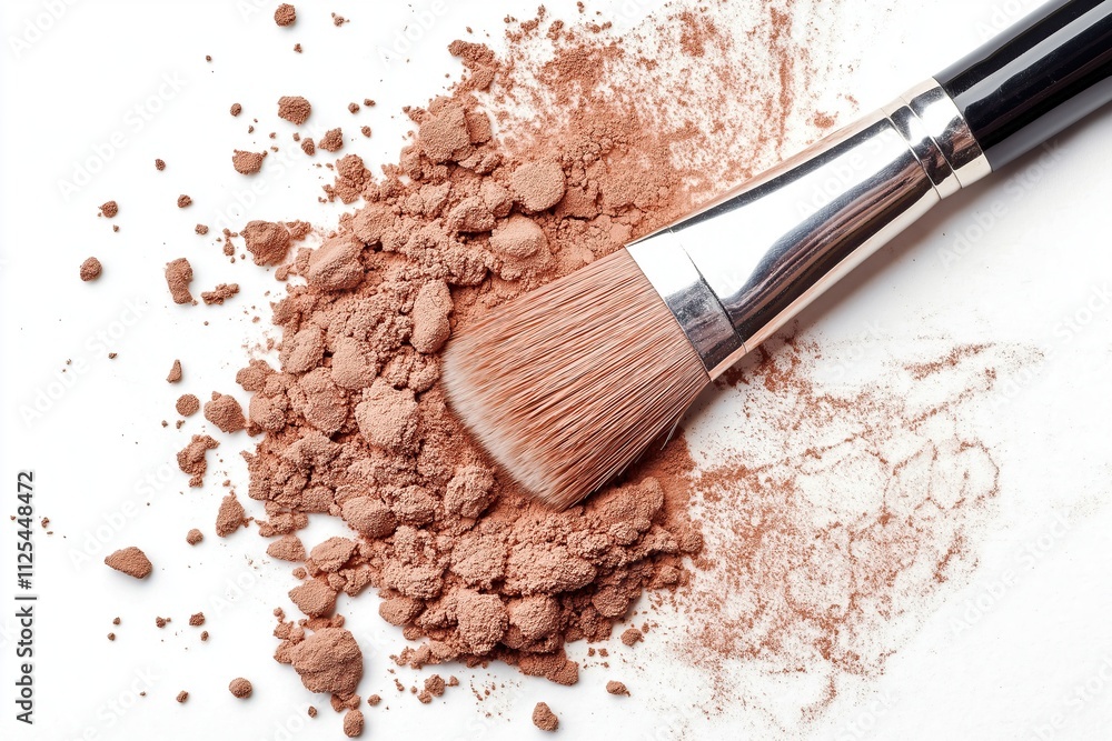 Crushed face powder with a brush on a white background, cosmetic product sample Crushed face powder with a brush on a white background, cosmetic product sample