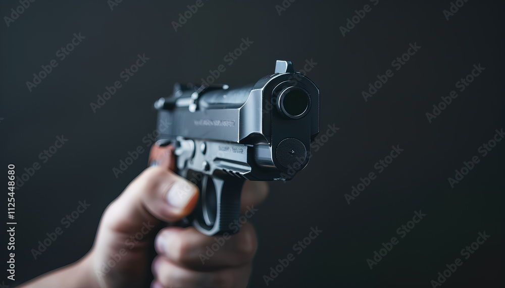 Dangerous criminal with gun on black background. Armed robbery Dangerous criminal with gun on black background. Armed robbery