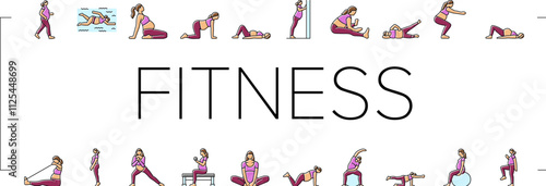 pregnant fitness icons set vector. exercise yoga, strength flexibility, wellness health, balance stamina, nutrition pregnant fitness color line illustrations