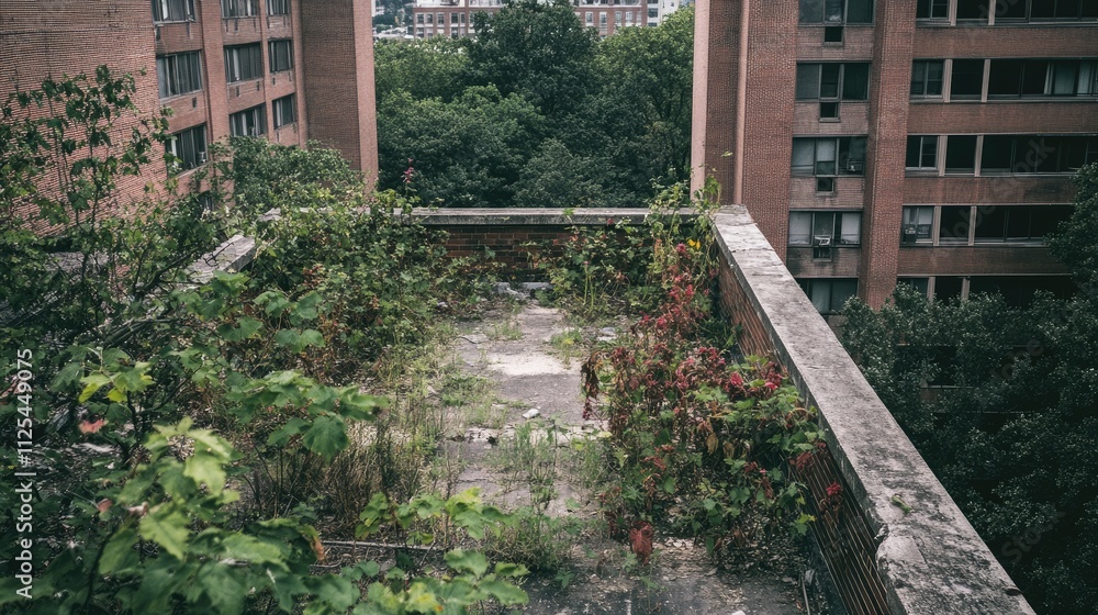 Fototapeta premium Overgrown Rooftop in Abandoned Urban Building Surrounded by Trees