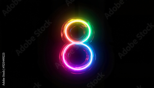 Vibrant celebration of the number eight illuminated in a rainbow spectrum against a dark backdrop