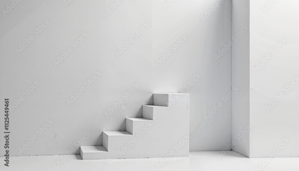 Minimalist mockup featuring white stairs against a sleek interior wall showcasing modern design and simplicity Minimalist mockup featuring white stairs against a sleek interior wall showcasing modern design and simplicity