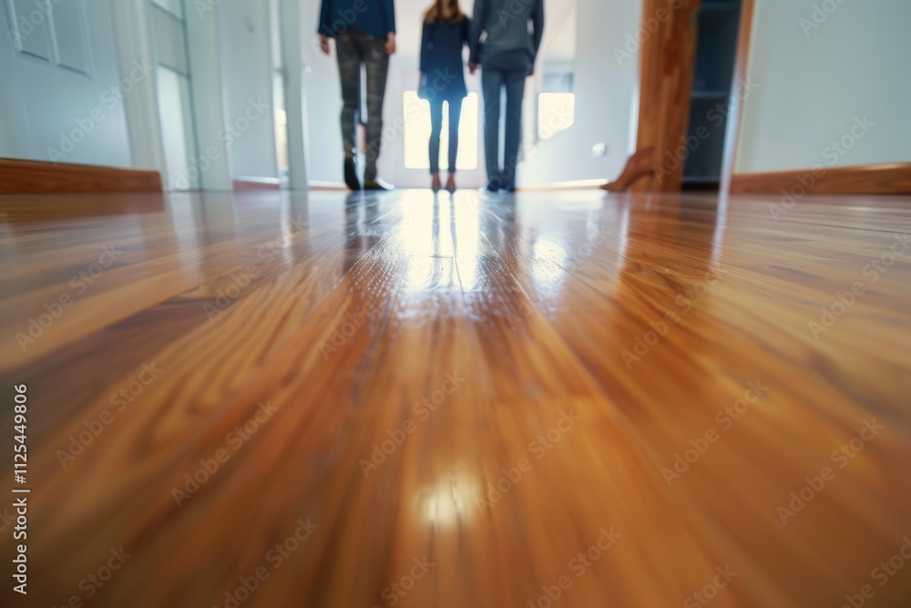 Young married couple walks with a real estate agent through a bright apartment discussing their future plans as prospective parents considering a new home. Young married couple walks with a real estate agent through a bright apartment discussing their future plans as prospective parents considering a new home.