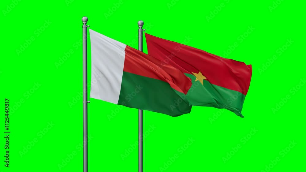 Burkina Faso and Madagascar flags flying together, video concept of the relationship with colored chroma key for easy background remove Burkina Faso and Madagascar flags flying together, video concept of the relationship with colored chroma key for easy background remove
