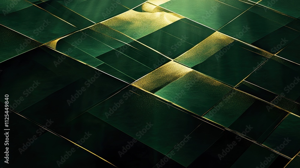 Dark green abstract background with golden lines and shadow. Layers of overlapping geometric shapes. Transparent squares. Modern luxury banner template design. Dark green abstract background with golden lines and shadow. Layers of overlapping geometric shapes. Transparent squares. Modern luxury banner template design.