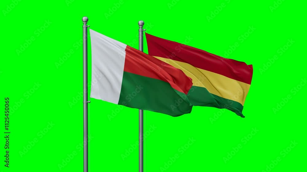 Bolivia and Madagascar flags flying together, video concept of the relationship with colored chroma key for easy background remove Bolivia and Madagascar flags flying together, video concept of the relationship with colored chroma key for easy background remove