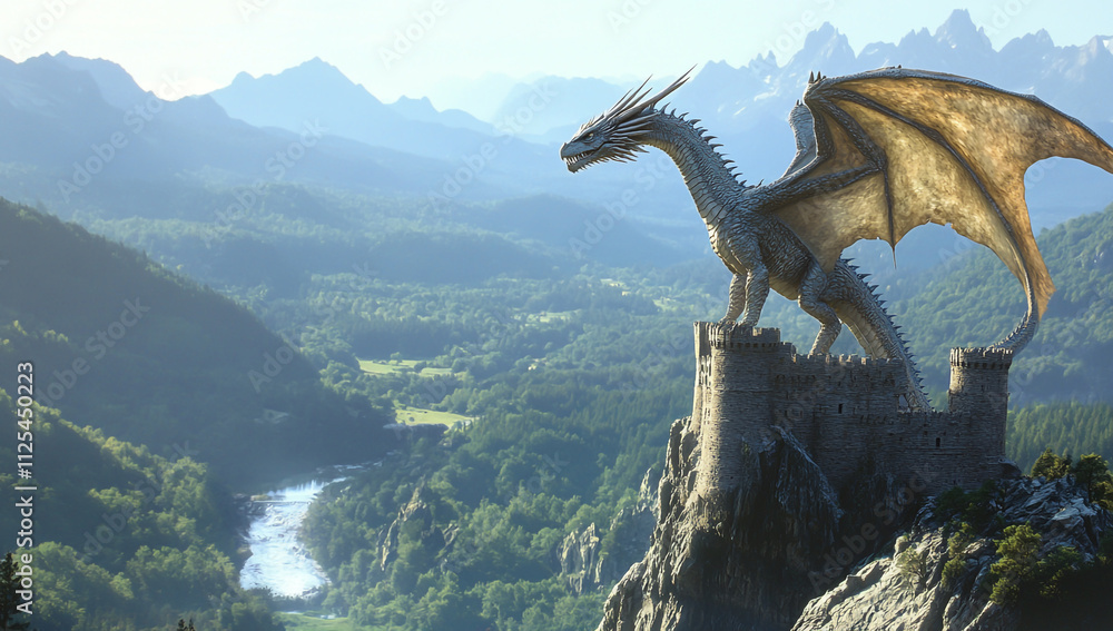 Fototapeta premium A majestic dragon perched atop an ancient castle, overlooking the vast landscape5