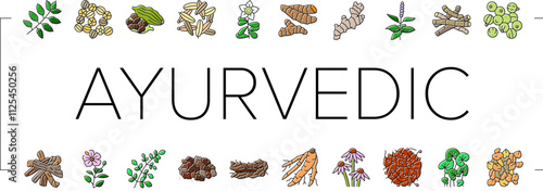 ayurvedic herbs medicine health icons set vector. nature ayurveda, mortar neem, basil, science plant, leaf, organic spices, care, cure ayurvedic herbs medicine health color line illustrations