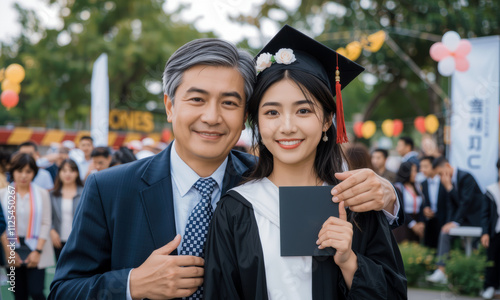 Graduation ceremony with proud father and daughter celebrating achievement. young woman in cap and gown holds her diploma, surrounded by joyful family and friends photo