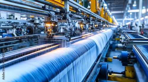 Automated textile weaving machine in a modern factory producing blue fabric.