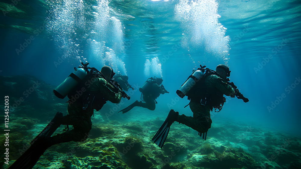 A group of Navy SEALs conducting underwater training with advanced equipment. A group of Navy SEALs conducting underwater training with advanced equipment.