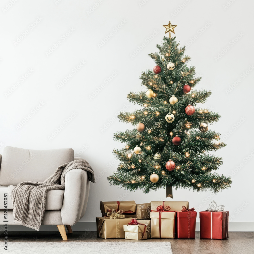 Cozy Christmas living room with a decorated tree and wrapped gifts, creating a festive and warm holiday atmosphere. Cozy Christmas living room with a decorated tree and wrapped gifts, creating a festive and warm holiday atmosphere.
