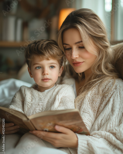 Mother and child reading a book together in a cozy home setting. Mother's Day. Mom and son