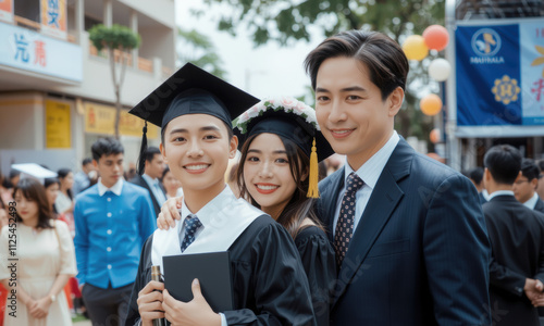 joyful graduation celebration with family and friends, featuring graduate in cap and gown, smiling with loved ones. atmosphere is festive and proud photo