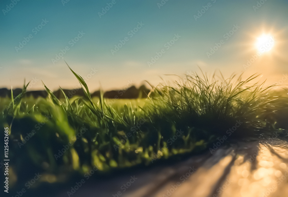 Fototapeta premium sunset over grass against simple background with space for text