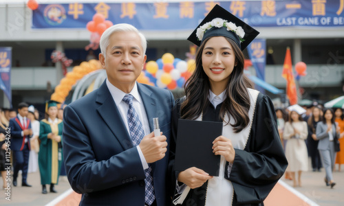 Graduation ceremony with proud family, featuring graduate in cap and gown holding diploma. Celebratory atmosphere with colorful decorations and joyful attendees photo