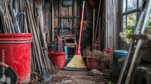 Wallpaper Mural Cozy Garden Shed with Tools, Broom, Buckets and Rustic Decor Torontodigital.ca