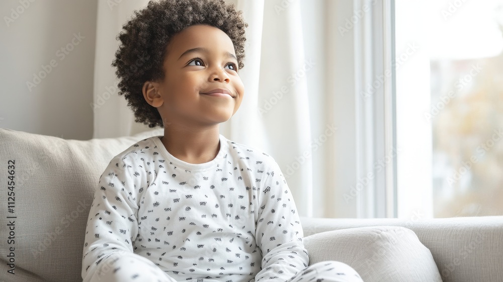 Young Boy Daydreaming Near Window In Pajamas