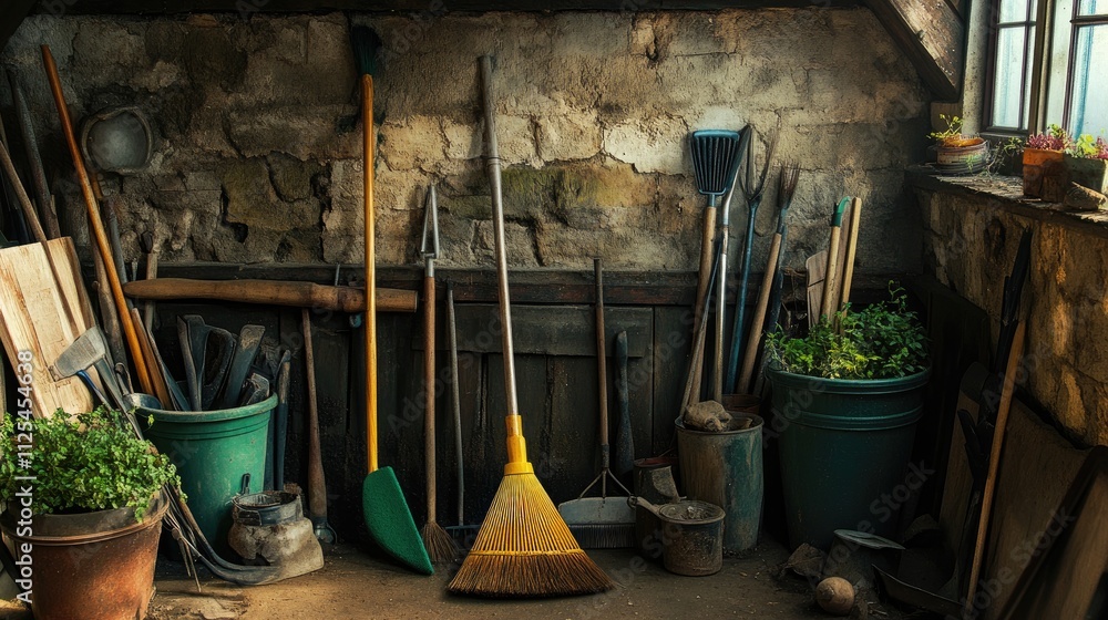 Rustic Garden Shed Interior with Tools and Greenery Setup Rustic Garden Shed Interior with Tools and Greenery Setup