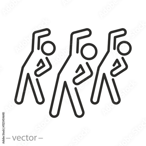 group fitness workout icon, active sportive programs, fitness exercise classes, athletic people in gym, thin line symbol on white background - editable stroke vector eps10