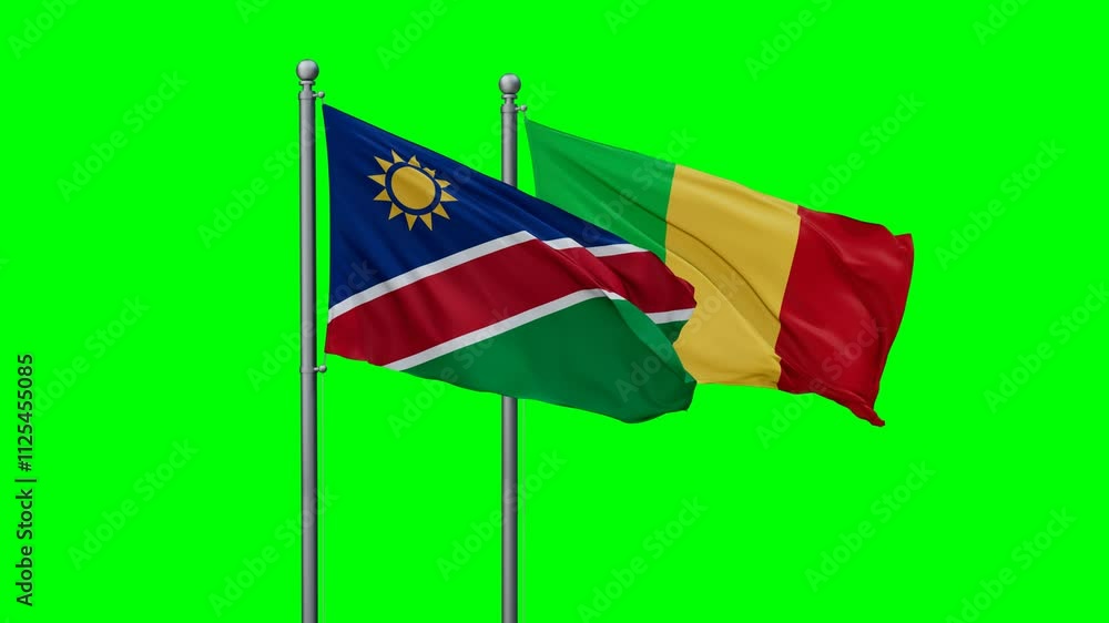 Mali and Namibia flags waving together, video concept of the relationship with colored chroma key for easy background remove Mali and Namibia flags waving together, video concept of the relationship with colored chroma key for easy background remove