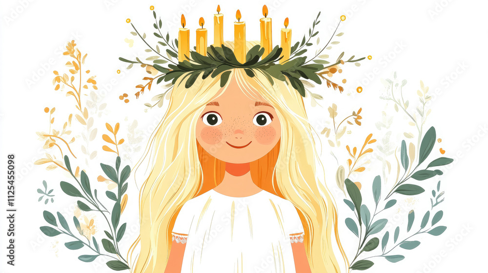 little blonde girl with wreath of candles on head, saint lucia day, white background, sweden, catholic tradition, protestant church, religious holiday, christmas angel, flat cartoon illustration, art little blonde girl with wreath of candles on head, saint lucia day, white background, sweden, catholic tradition, protestant church, religious holiday, christmas angel, flat cartoon illustration, art