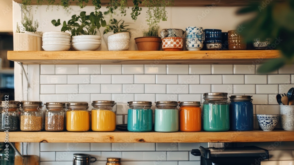 Colorful Kitchen Shelves with Jars and Plants in Modern Decor Colorful Kitchen Shelves with Jars and Plants in Modern Decor